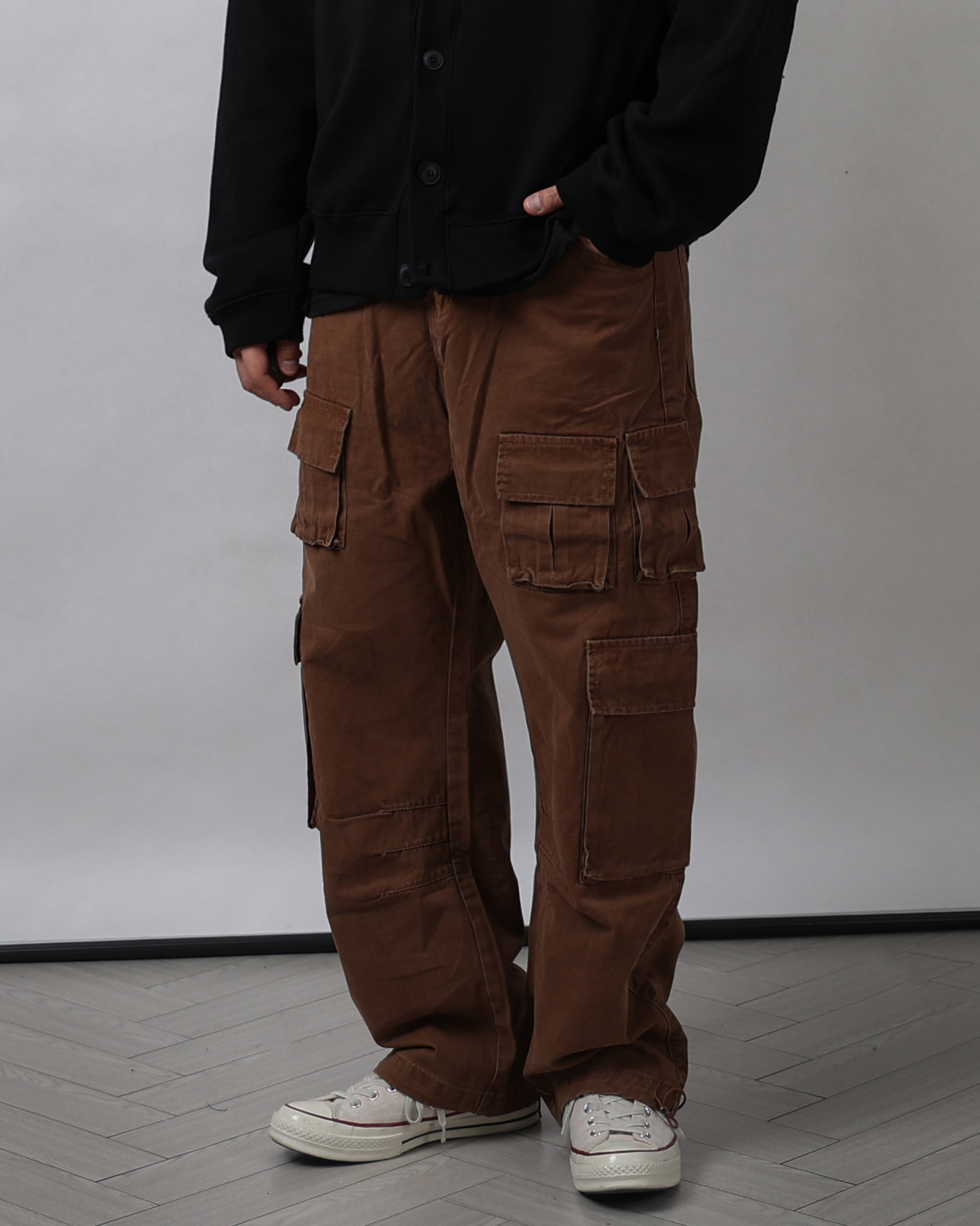 MEG Multi Pocket Washed Cargo Pants (Black/Charcoal Gray/Brown)